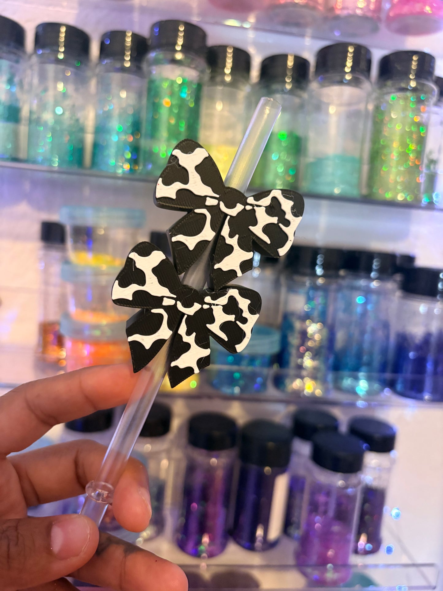 Cow print bow Straw topper
