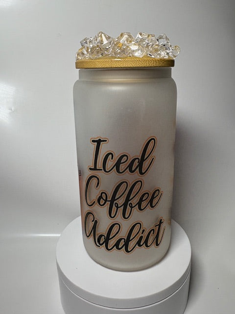 Ice coffee addict glass cup with ice topper